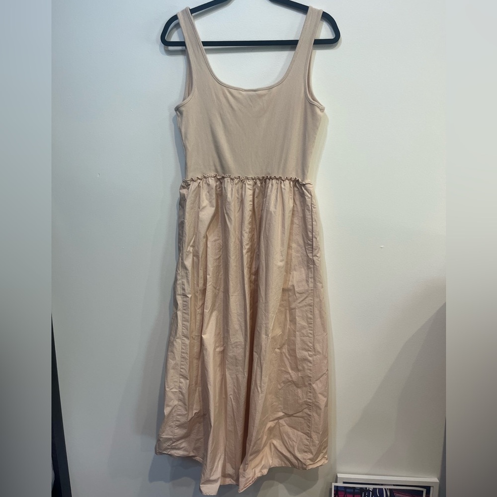 A New Day Tan Pleated Midi Sundress